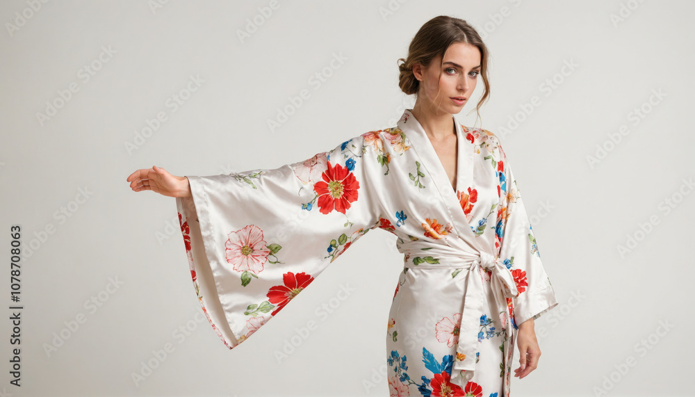 A woman wearing a white floral kimono with wide sleeves stands in front of a white backdrop A woman wearing a white floral kimono with wide sleeves stands in front of a white backdrop