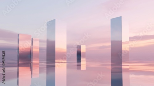 A series of tall, reflective towers are reflected in the water