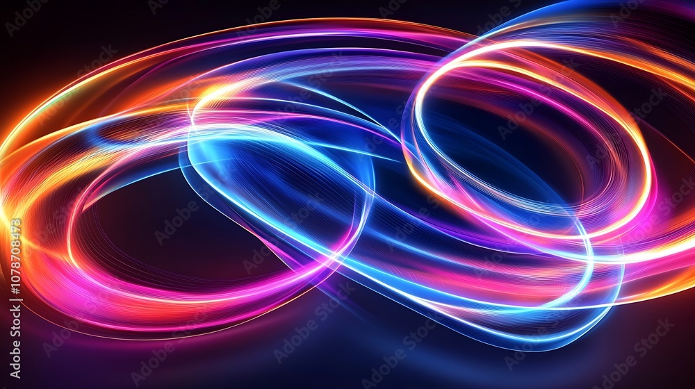 Abstract glowing circular design with neon patterns blending into digital waves. Abstract glowing circular design with neon patterns blending into digital waves.