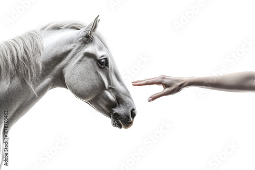 An elegant white horse meets a human hand mid-reach, capturing a moment of trust and connection between humanity and the majestic beauty of a noble animal. photo