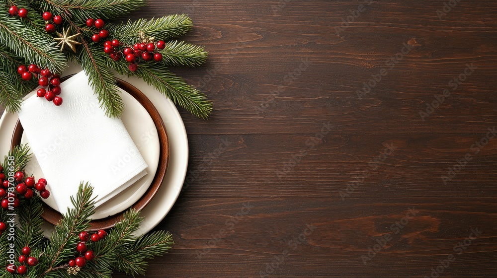 Christmas mockup preview, A beautifully arranged festive table setting featuring pine branches, red berries, and a white napkin on elegant plates against a dark wooden background. Christmas mockup preview, A beautifully arranged festive table setting featuring pine branches, red berries, and a white napkin on elegant plates against a dark wooden background.