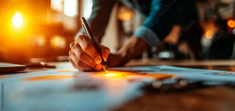 Obraz premium A person signing a document with a pen, illuminated by warm light in a professional setting.