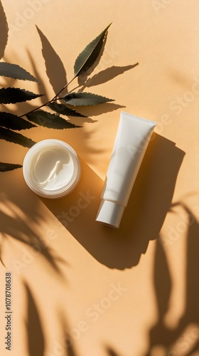 A flat lay composition featuring two cosmetic products, including an eye cream tube and a facial mask jar