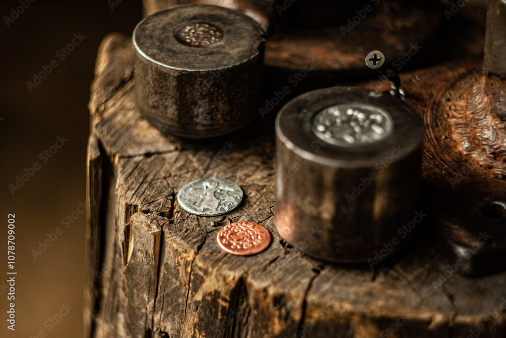 An old coin minting press on a wooden stump, bathed in sunlight. The freshly minted coins are visible, highlighting the age-old technique of coin engraving and the beauty of traditional craftsmanship. An old coin minting press on a wooden stump, bathed in sunlight. The freshly minted coins are visible, highlighting the age-old technique of coin engraving and the beauty of traditional craftsmanship.
