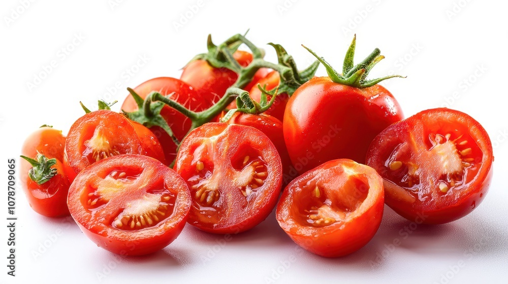 Fresh red tomatoes, whole and halved, with vibrant green stems on a white isolate background. Fresh red tomatoes, whole and halved, with vibrant green stems on a white isolate background.