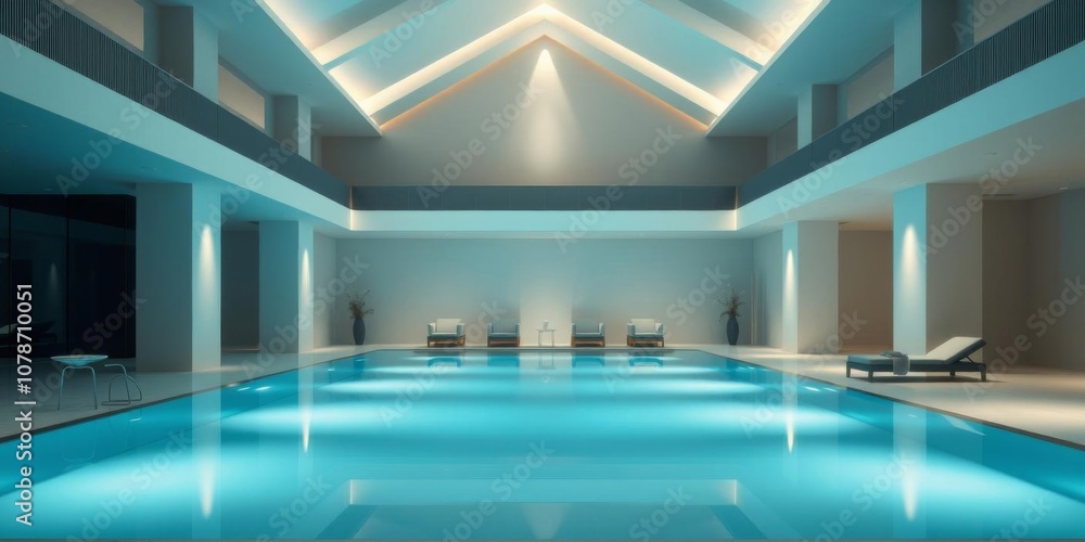 Obraz premium Minimalistic interior with a central swimming pool surrounded by sleek, modern furniture and soft ambient lighting, furniture, swimming pool