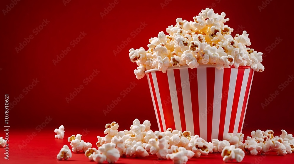 Spilled Popcorn in Striped Bucket on Red Background Spilled Popcorn in Striped Bucket on Red Background
