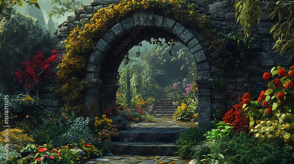 Obraz premium A stone archway leads into a lush, overgrown garden with a path lined with flowers and steps.