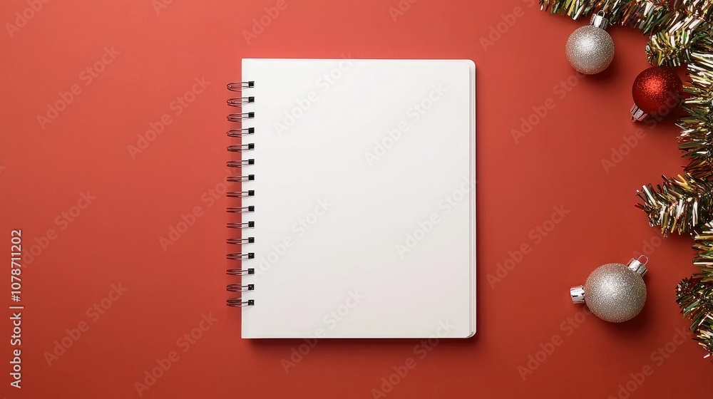 Christmas mockup preview, A blank spiral notebook rests on a red background, surrounded by festive decorations including shiny ornaments and garland. Christmas mockup preview, A blank spiral notebook rests on a red background, surrounded by festive decorations including shiny ornaments and garland.