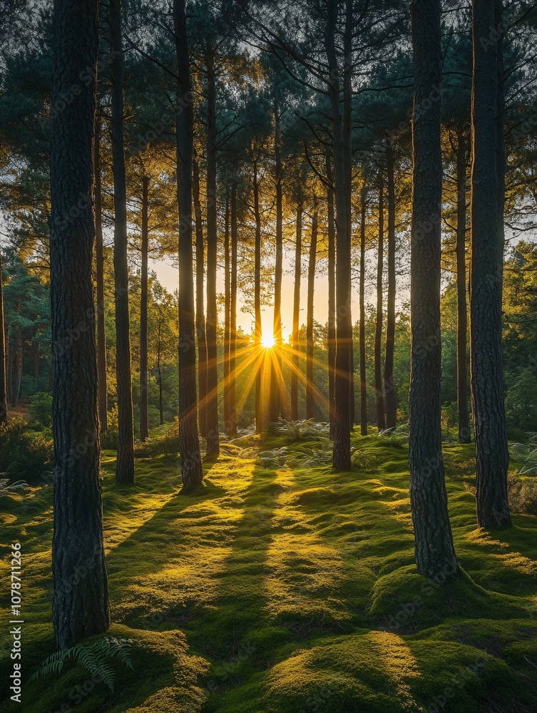 Fototapeta premium Sunset Sunbeams Through Tall Pine Trees