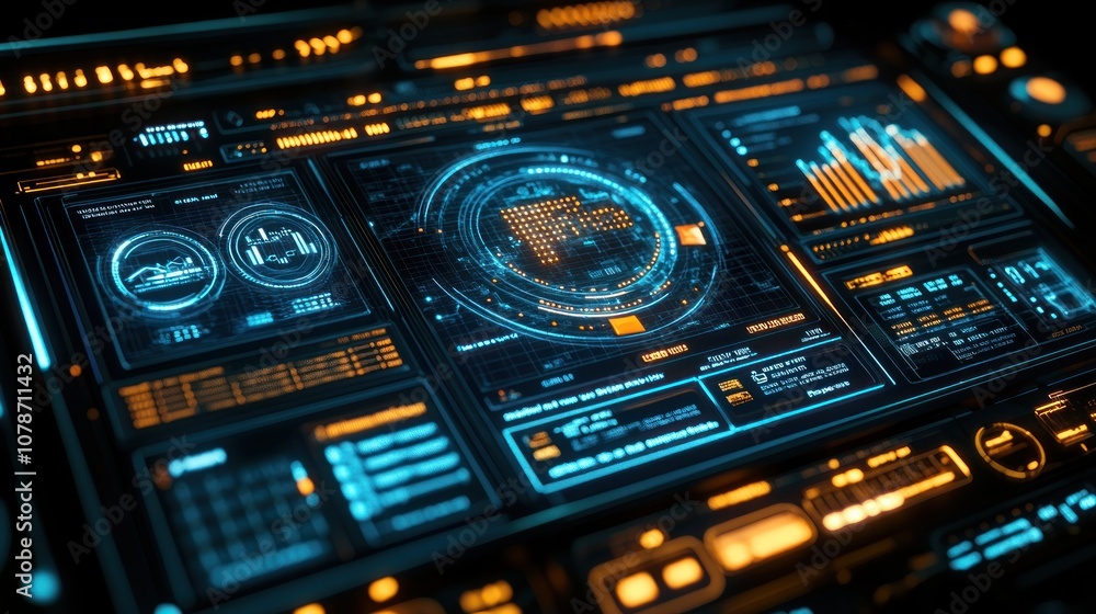 Futuristic digital interface with data analysis and charts. Futuristic digital interface with data analysis and charts.