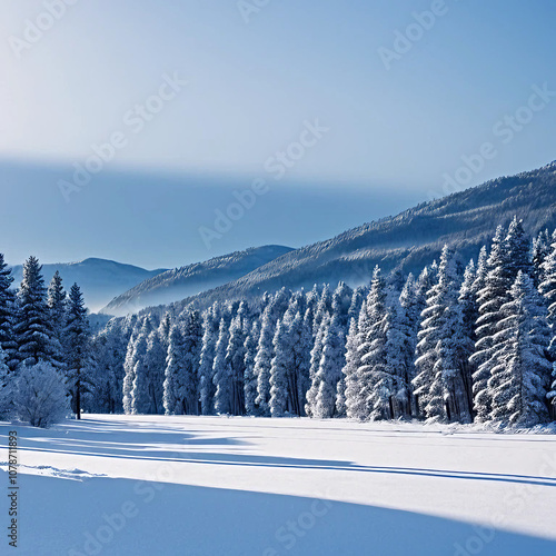 Winter panorama landscape with a snow-covered forest and trees at sunrise. A winter morning marking the beginning of a new day. Winter landscape with sunset, panoramic view.