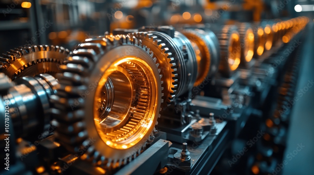 Close-up of a metal gear system with a warm glow, showing the intricate workings of a factory. Close-up of a metal gear system with a warm glow, showing the intricate workings of a factory.