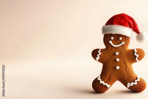 A cheerful gingerbread man wearing a festive Santa hat, perfect for holiday-themed food photography and seasonal decorations. photo