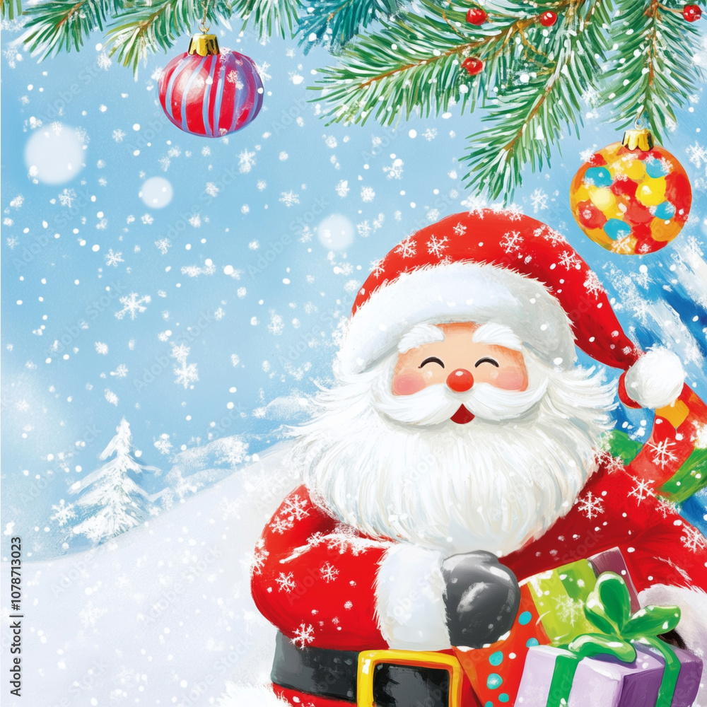 Fototapeta premium Cheerful Christmas Santa Claus Standing in the Snow