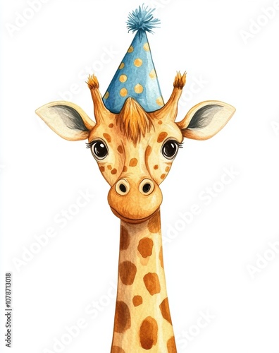 ute, simple watercolor clipart on a white background. A cute giraffe wearing a party hat, in a cartoon style 