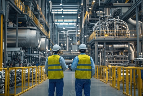 Two Workers in Hard Hats Walk Through a Factory