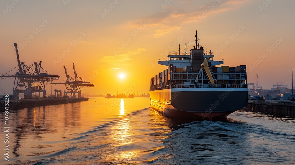 Cargo Ship Approaching Port at Sunset - Tranquil Scene with Cranes onshore and Golden Reflections on Busy Waterway Ideal for Maritime and Industrial Themes Cargo Ship Approaching Port at Sunset - Tranquil Scene with Cranes onshore and Golden Reflections on Busy Waterway Ideal for Maritime and Industrial Themes