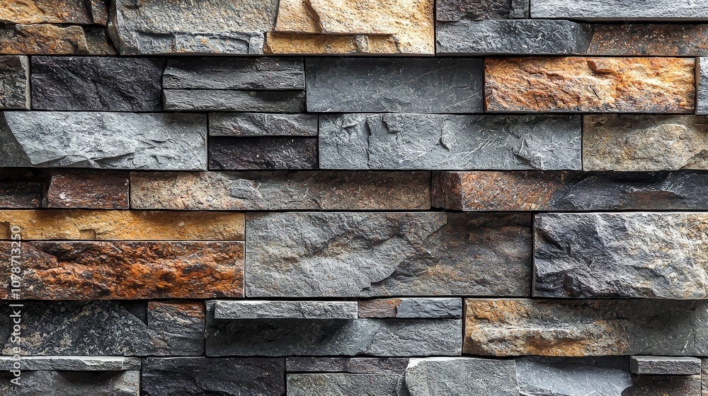A textured wall made of various stone pieces in different colors and sizes. A textured wall made of various stone pieces in different colors and sizes.