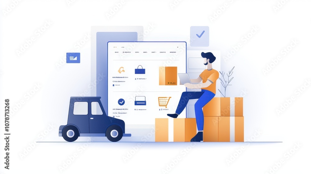 Inventory management order tracking concept. A delivery worker interacts with a digital interface surrounded by packages and a delivery vehicle, emphasizing modern logistics and e-commerce. Inventory management order tracking concept. A delivery worker interacts with a digital interface surrounded by packages and a delivery vehicle, emphasizing modern logistics and e-commerce.