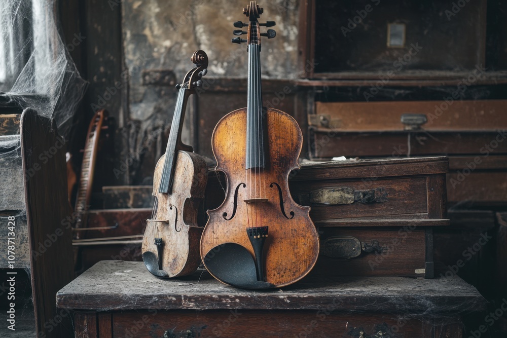Naklejka premium Dusty, old musical instruments abandoned in a corner of a dimly lit room, with cobwebs and broken strings. Ample copy space to evoke the silence of forgotten melodies and times.