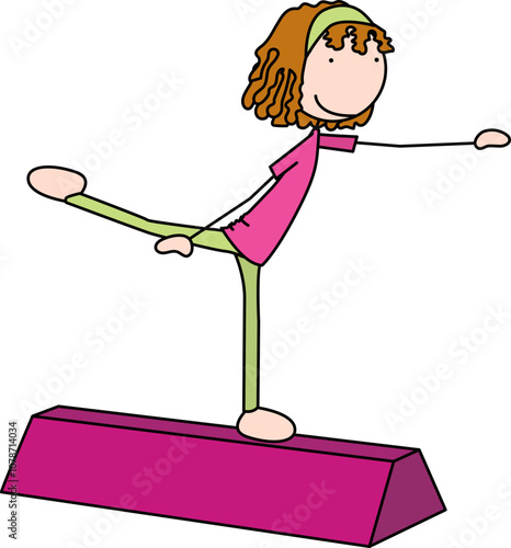 Cartoon vector illustration of a girl on a training foam balance beam