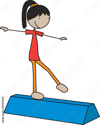 Cartoon vector illustration of a girl on a training foam balance beam