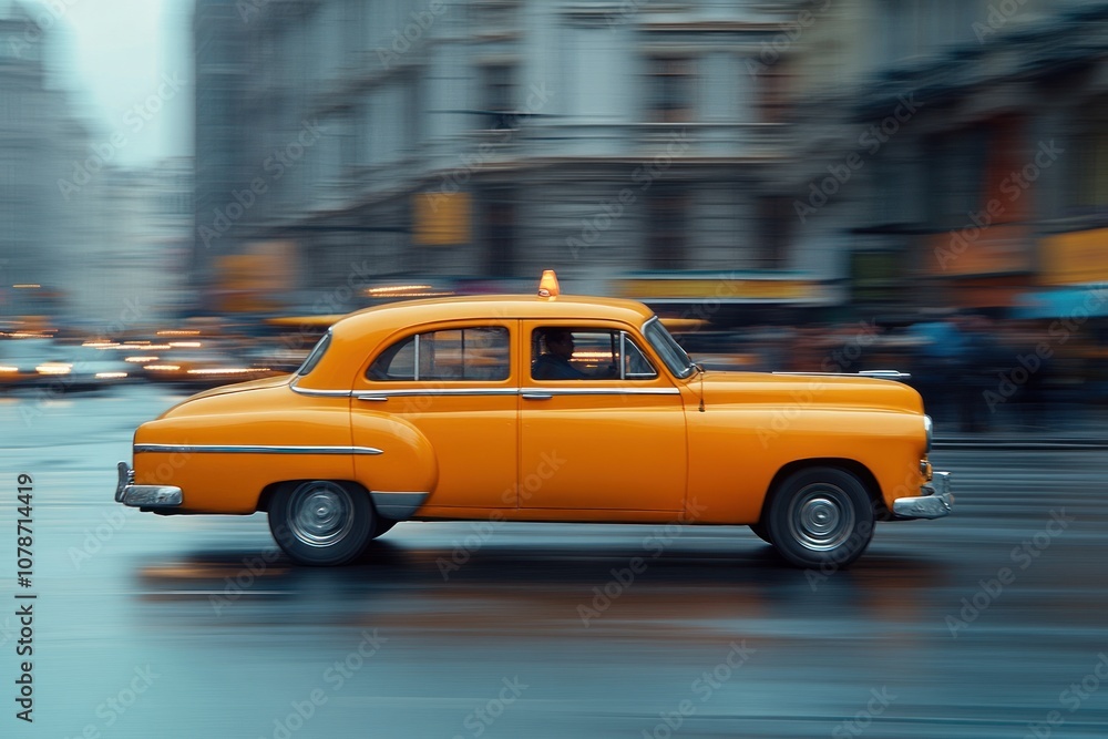 A classic yellow taxi cab speeds through a busy city street, with motion blur adding a sense of energy and movement. A classic yellow taxi cab speeds through a busy city street, with motion blur adding a sense of energy and movement.