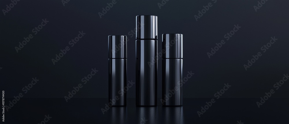 Three black bottles of perfume are lined up on a table Three black bottles of perfume are lined up on a table