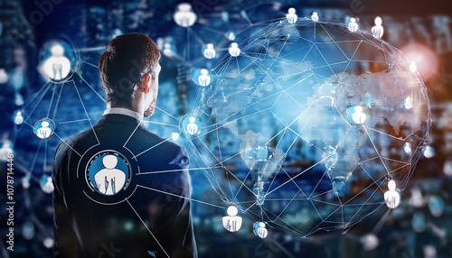 Global communication network concept with interconnected business nodes and human resources collaboration across worldwide platforms