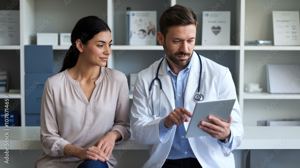 A doctor discussing health information with a patient in a modern clinic setting. A doctor discussing health information with a patient in a modern clinic setting.