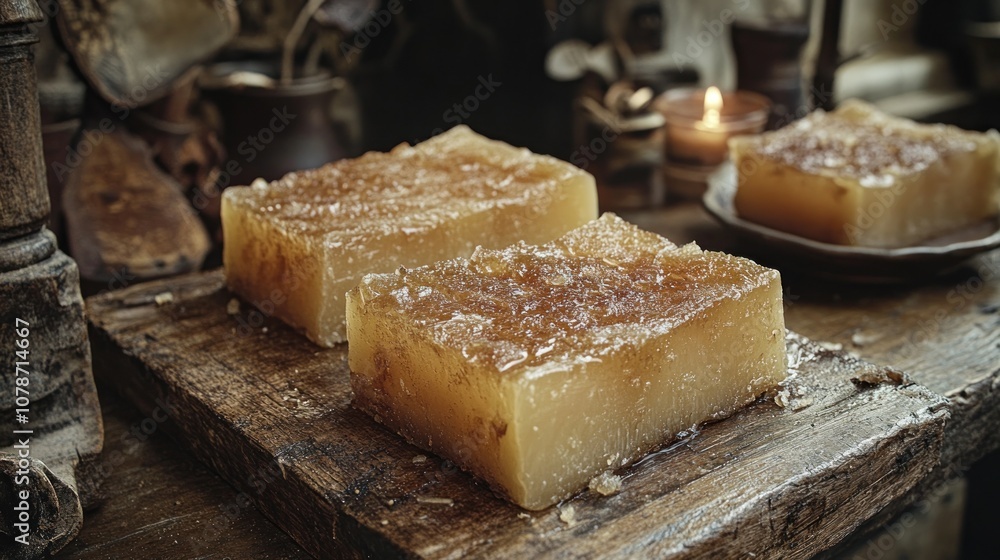 Two golden brown squares of honey cake on a wooden table. Two golden brown squares of honey cake on a wooden table.