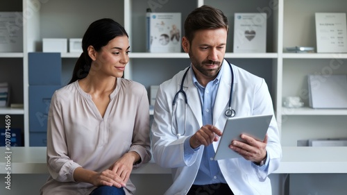 A doctor discussing health information with a patient in a modern clinic setting. photo