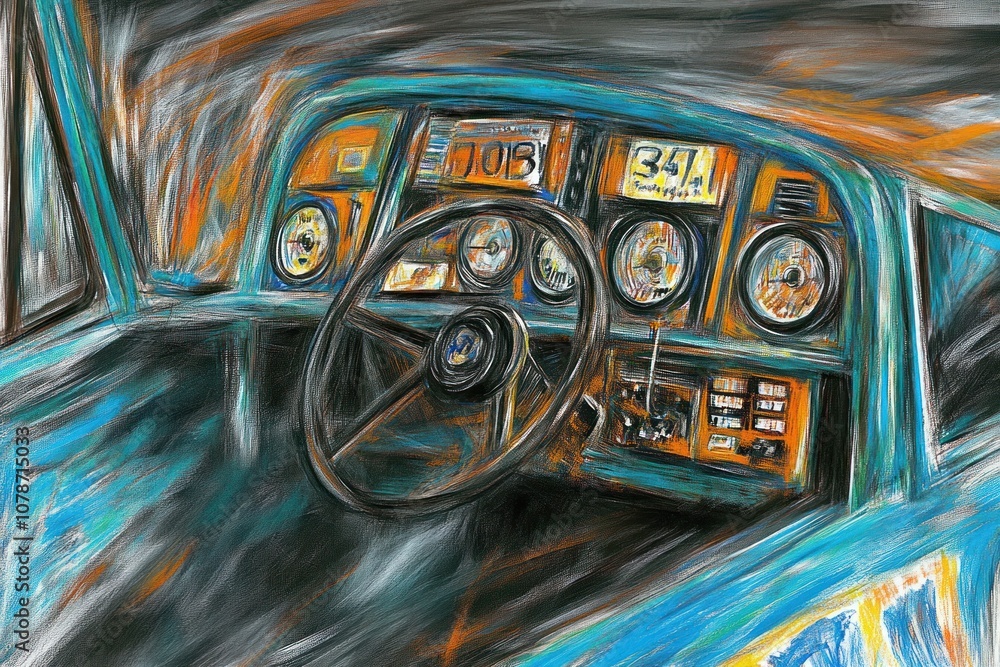 Abstract depiction of a vehicle's dashboard with vibrant colors and dynamic brush strokes. Abstract depiction of a vehicle's dashboard with vibrant colors and dynamic brush strokes.