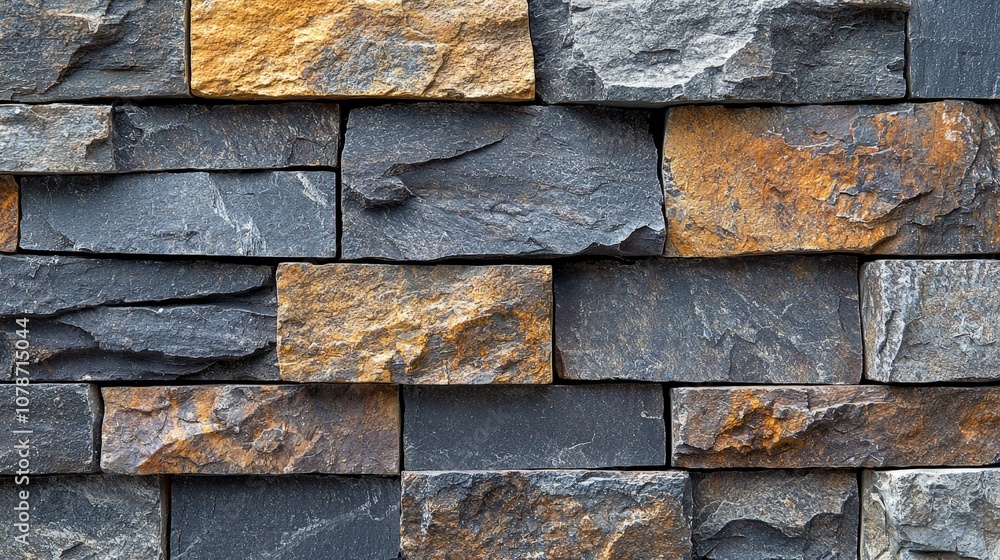 A textured wall made of various stone tiles in shades of gray and orange. A textured wall made of various stone tiles in shades of gray and orange.