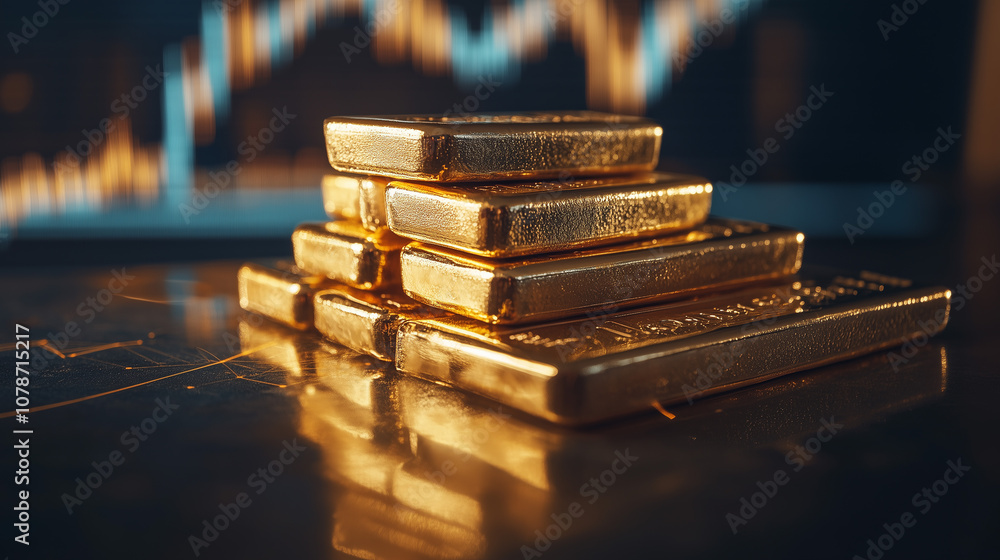 Gold bars stacked neatly on a table, with an uptrend business graph in the background Gold bars stacked neatly on a table, with an uptrend business graph in the background