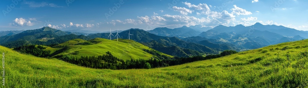 Breathtaking green hills under a bright blue sky with distant majestic mountains. Breathtaking green hills under a bright blue sky with distant majestic mountains.