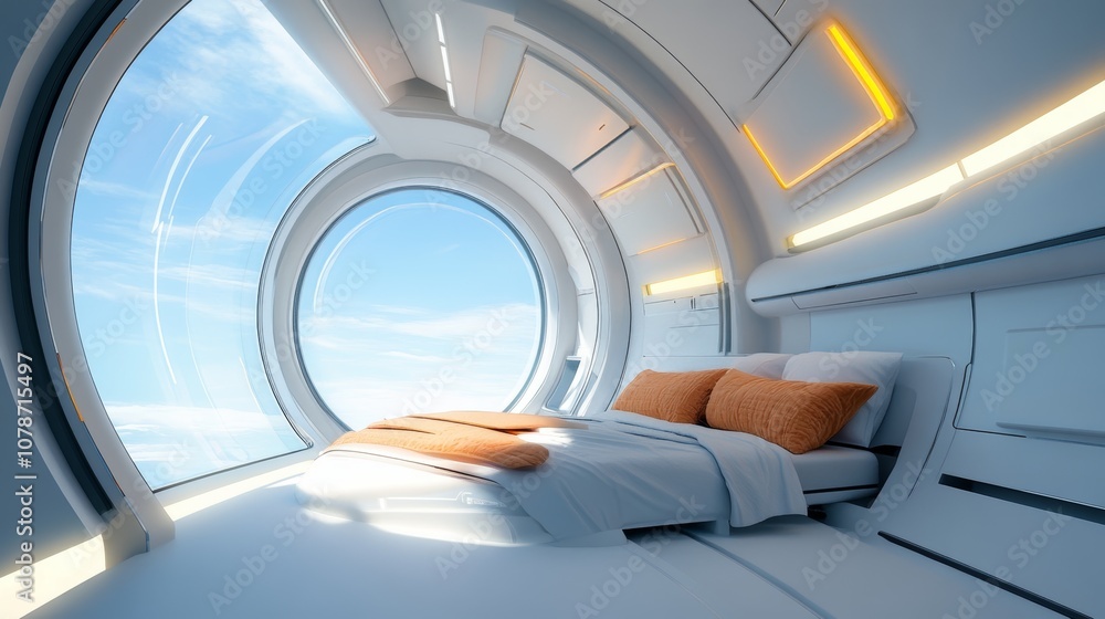 Futuristic bedroom featuring circular windows with a panoramic view of the sky during daytime in a minimalist design Futuristic bedroom featuring circular windows with a panoramic view of the sky during daytime in a minimalist design