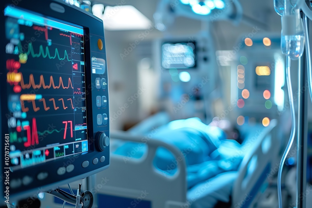 An up-close view of an active heart rate monitor in a hospital room featuring cutting-edge medical technology and a hazy patient bed with space, Generative AI. An up-close view of an active heart rate monitor in a hospital room featuring cutting-edge medical technology and a hazy patient bed with space, Generative AI.