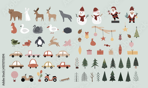 Merry Christmas set, New Year set, with cute elements for design. Christmas tree, Santa, deer, gingerbread, car, sled, bear, rabbit. For cards, banners, website, icons, fabrics