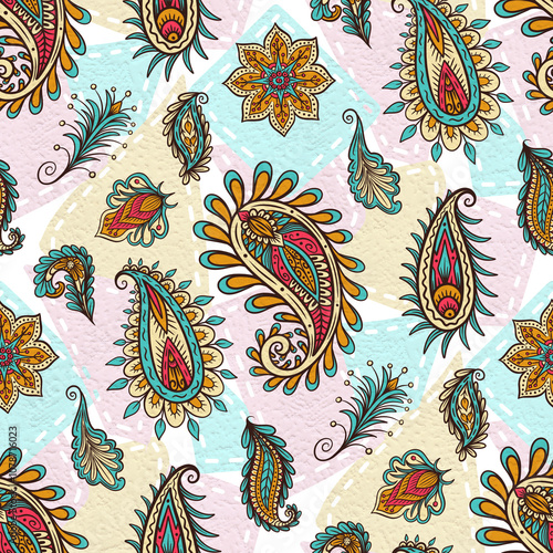Seamless pattern based on traditional elements Paisley. Hand drawn ornamental print design