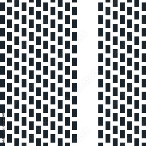 Small rectangles in vertical rows form a texture. There is a void between the two masses of figures.