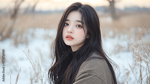 Captivating portrait of a young woman in a serene winter landscape