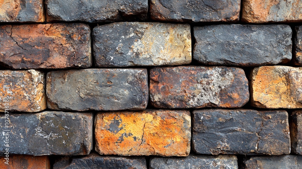 A textured wall made of variously colored bricks, showcasing rustic and weathered surfaces. A textured wall made of variously colored bricks, showcasing rustic and weathered surfaces.