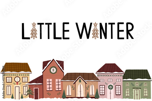 Christmas set of festive winter houses. Cozy houses decorated for the holiday collection. New Year cute winter card with hand drawn houses.