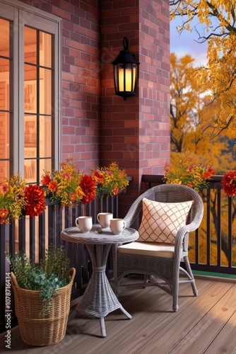 Image depicts a digital illustration of a cozy, rustic balcony setting in autumn at dawn time. The layout features a small round wicker table with two white ceramic cups, suggesting a warm beverage. 