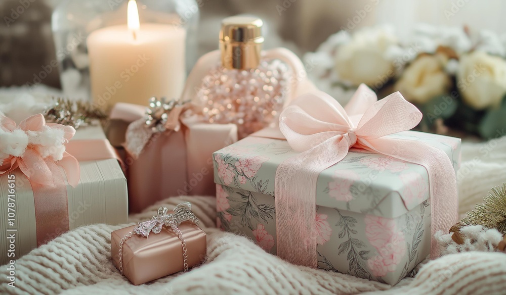 AI generator image of gift boxes with feminine touches, including pastel-colored ribbons, elegant floral designs, and delicate bows. Surround the gift boxes with items like a luxurious perfume bottle, AI generator image of gift boxes with feminine touches, including pastel-colored ribbons, elegant floral designs, and delicate bows. Surround the gift boxes with items like a luxurious perfume bottle,