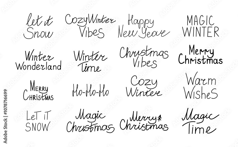 Merry christmas hand drawn lettering banner big set. Typography emblem. Text calligraphy inscription card design. Winter holiday poster template. Wishing handwritten postcard. Merry christmas hand drawn lettering banner big set. Typography emblem. Text calligraphy inscription card design. Winter holiday poster template. Wishing handwritten postcard.