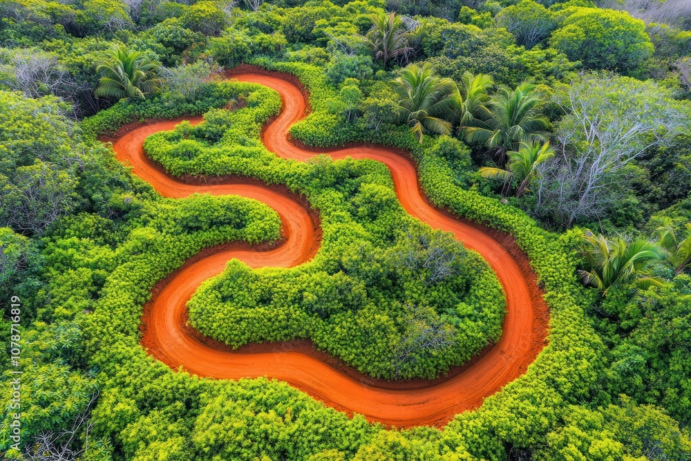 Aerial view of a winding red dirt road through lush green vegetation. Aerial view of a winding red dirt road through lush green vegetation.