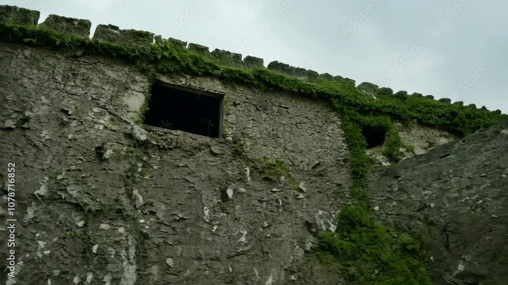 Exploring the ancient stone walls of an old fortress on a cloudy day in a picturesque countryside setting Exploring the ancient stone walls of an old fortress on a cloudy day in a picturesque countryside setting